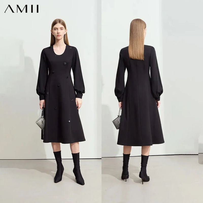 Amii Minimalism Dresses for Woman 2026 Autumn New Casual U-Neck Long Dress Retro Elegant Slim Knitting Female Dress 12453032
