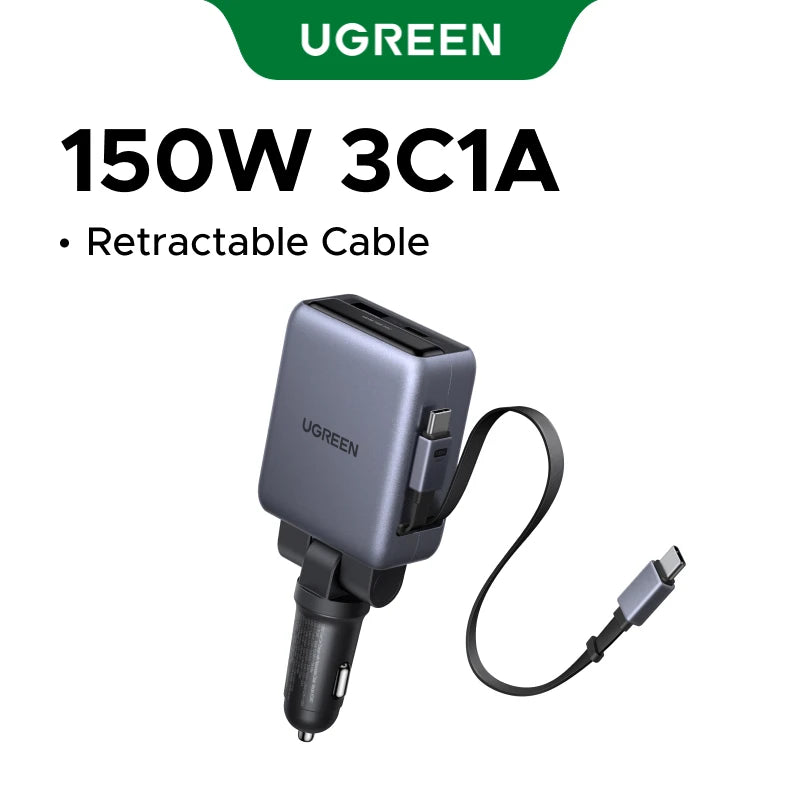 UGREEN 150W Car Charger Built in Dual Retractable Cable  4 Ports Fast Charging  for iPhone 18 17 Samsung Mobile Phone Charger