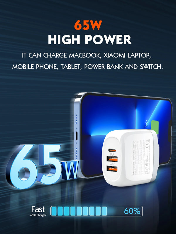 ឆ្នាំងសាក GaN USB C ទំហំ 65W LDNIO ប្រភេទ C ឆ្នាំងសាក USB PD QC PPS សាកថ្មលឿនសម្រាប់កុំព្យូទ័រយួរដៃ Macbook iPad ថេប្លេត