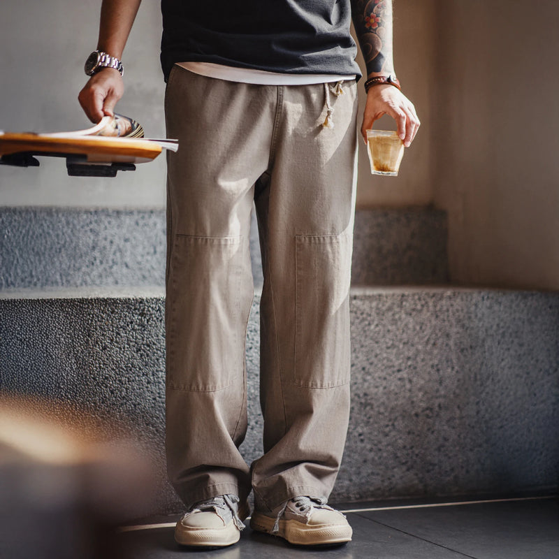 Maden Men's Vintage Lumberjack Pants Straight Loose Casual Trousers Elastic Waist with Drawstring Comfort Pants for Spring/Fall