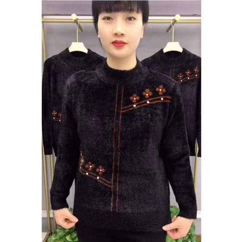 Winter Woman Clothes Half Turtleneck Thicken Pullover Top Warm Mink Fur Knitwear Female Clothing Bottom Wear Printed Sweater