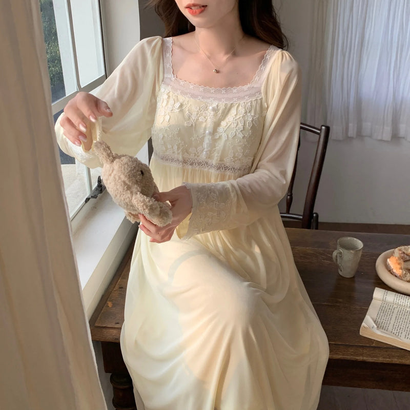 Spring Autumn French Nightgowns For Women Sleep Shirt Long Sleeved Mesh Modal Sleepwear Women's Nightwear Sweet Night Dress
