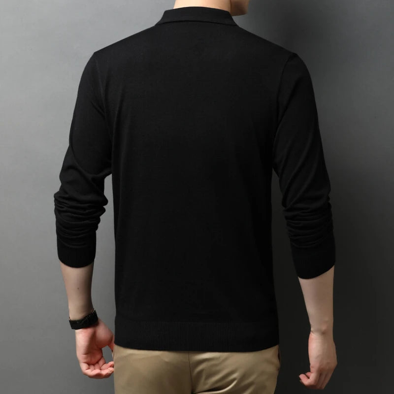 Solid Color Men's Wool Long-sleeve Shirt, Daily Autumn and Winter Warm Sweater, Business Casual Polo Shirt,Stretchable M-4XL