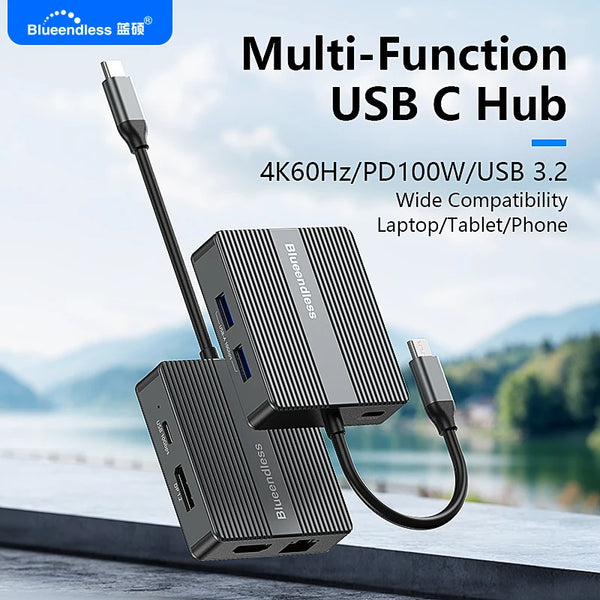 មជ្ឈមណ្ឌល USB C របស់ Blueendless 7 ក្នុង 1 អាដាប់ទ័រ USB3.2 ប្រភេទ C Hub ស្ថានីយ៍ចតកុំព្យូទ័រយួរដៃជាមួយ 4K 60Hz Dual HDTV RJ45 Ethernet PD សាកថ្មលឿន