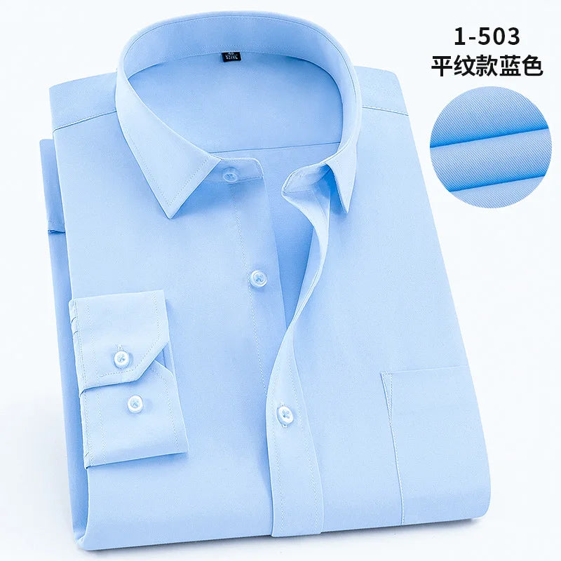 2026 New Men's Black-White Patchwork Long Sleeve Shirt, Business Office Shirts, Sky Blue Slim Fit Camisa/Chemise S-5XL