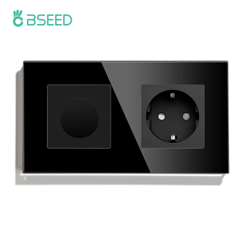 BSEED Mechanical Dimmer Light Switch Plus EU Socket USB Type-C Port Power Outlet Led Dimmable Switch Glass Frame 10A