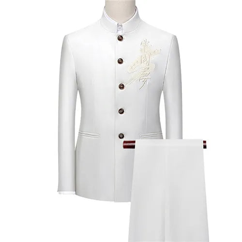 Men's White Stand Collar Chinese Style Slim Fit Two Piece Suit Set / Men Zhong Shan Blazer Jacket Coat Pants Trousers 2 Pcs 7XL