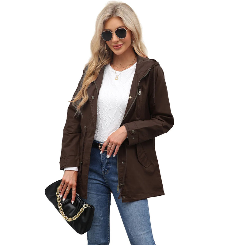 2026 Women Burgundy Hooded Jacket, Green Long Sleeves Windproof Jackets Fashion Casual Coat Black Blue Coffee Khaki S-4XL