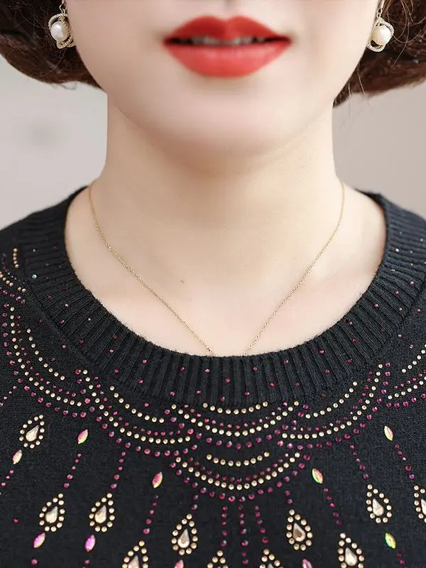 New Mid Aged Mother Pullovers Spring Autumn Sweater Fashion Diamond Knitwear Bottom Top Round Neck Pull Women Knitting Shirt