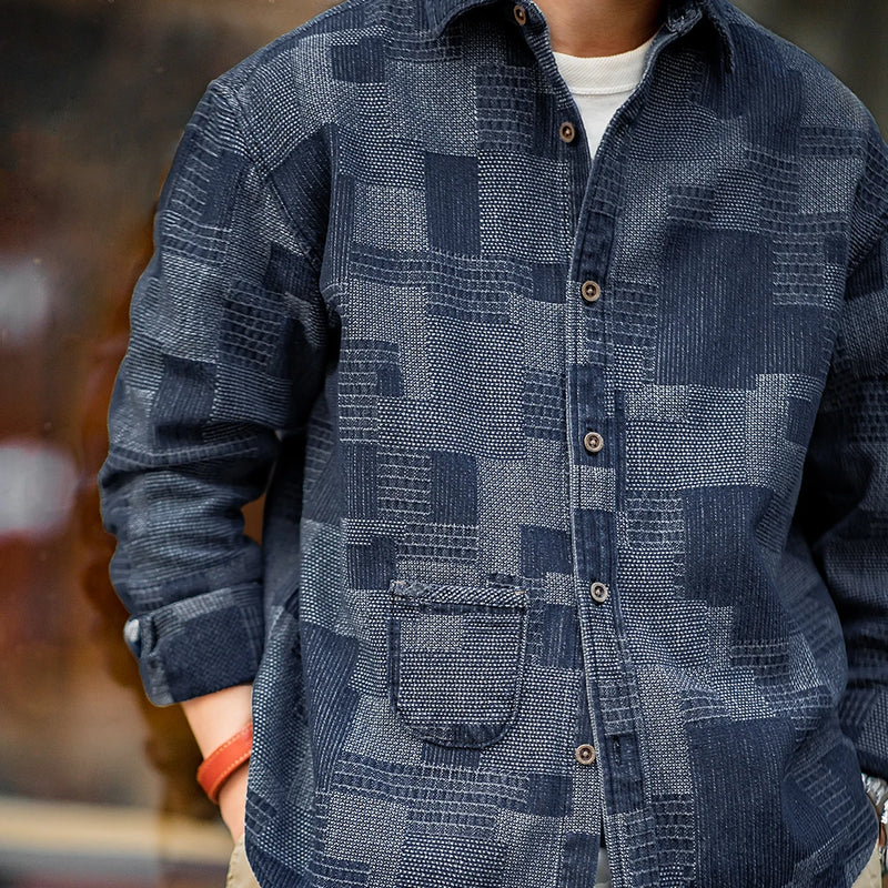 អាវ Maden Retro Boro Cloth Denim Shirts with Lapel Collar Patchwork Design Long-sleeved Shirt for Men's Spring and Autumn Tops