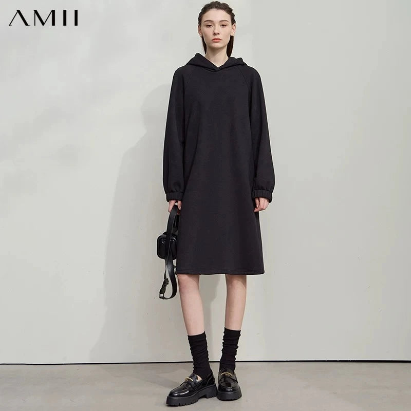 AMII Womens Dresses Shoulder Sleeves Loose Knitted Warm Dresses For Woman 2026 Winter New Casual Hooded Ladies Clothing 12553018