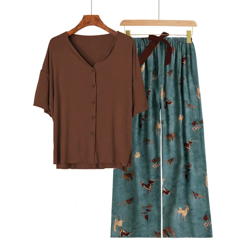 new Summer pajamas set Short sleeve Home suit for women pajama Short Sleeve+Pants Two Piece Thin night wear female nightwear