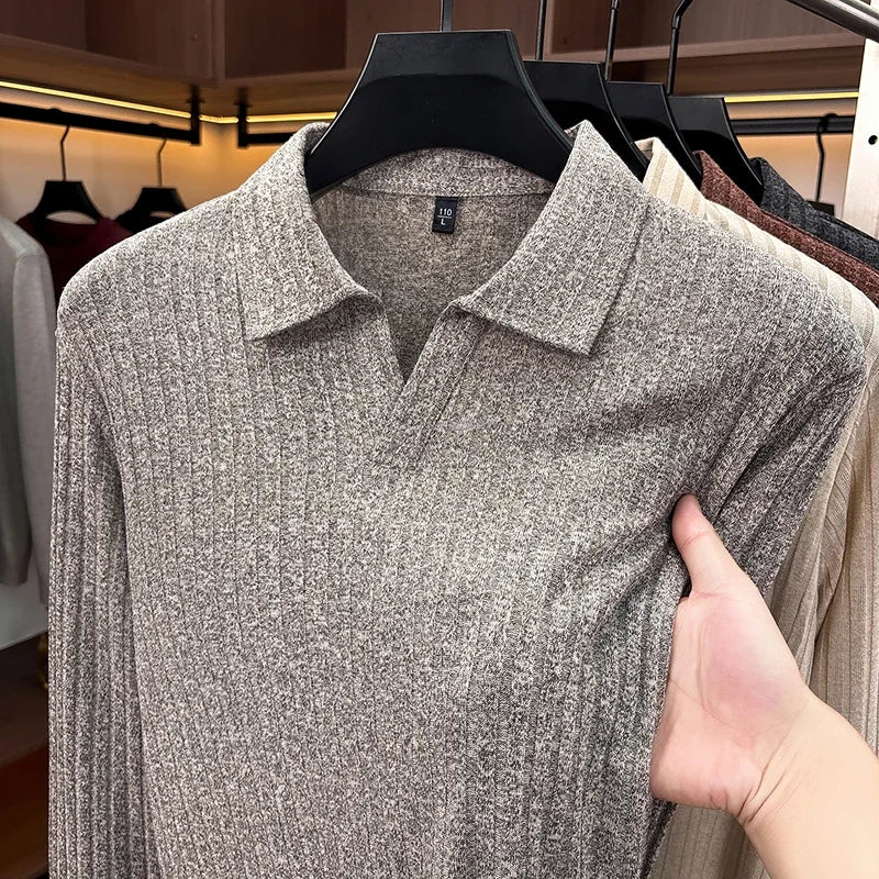 Men Casual Office Knit Polo Long Sleeve V Notch Collar Vertical Rib Texture Loose Comfort Pullover Shirt