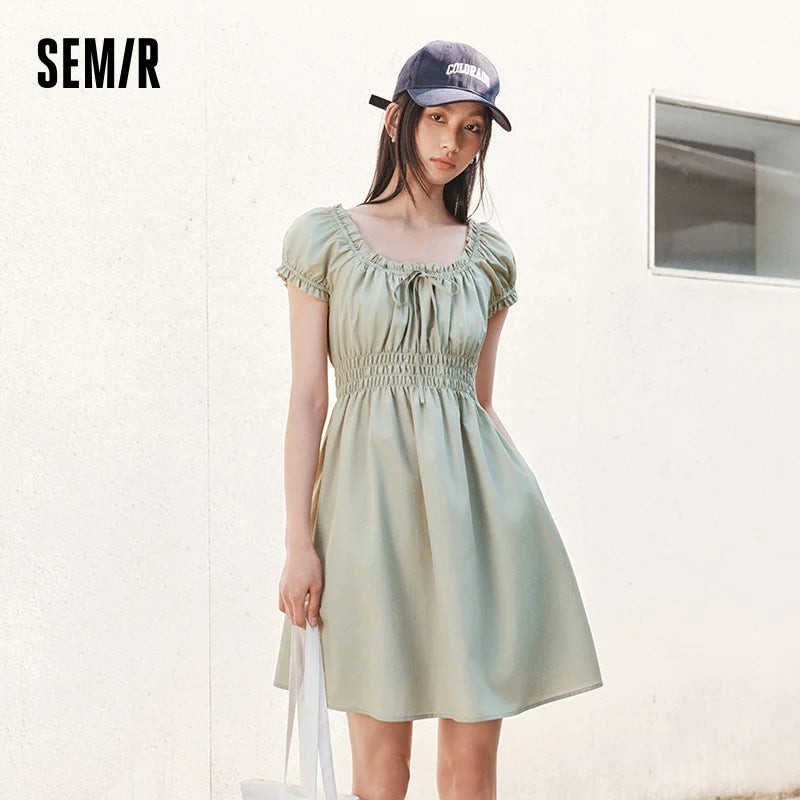 Semir Bowknot Dress Women Youthful 2025 Summer New Playful Square Neck Lace Trim Flirty Short Dress