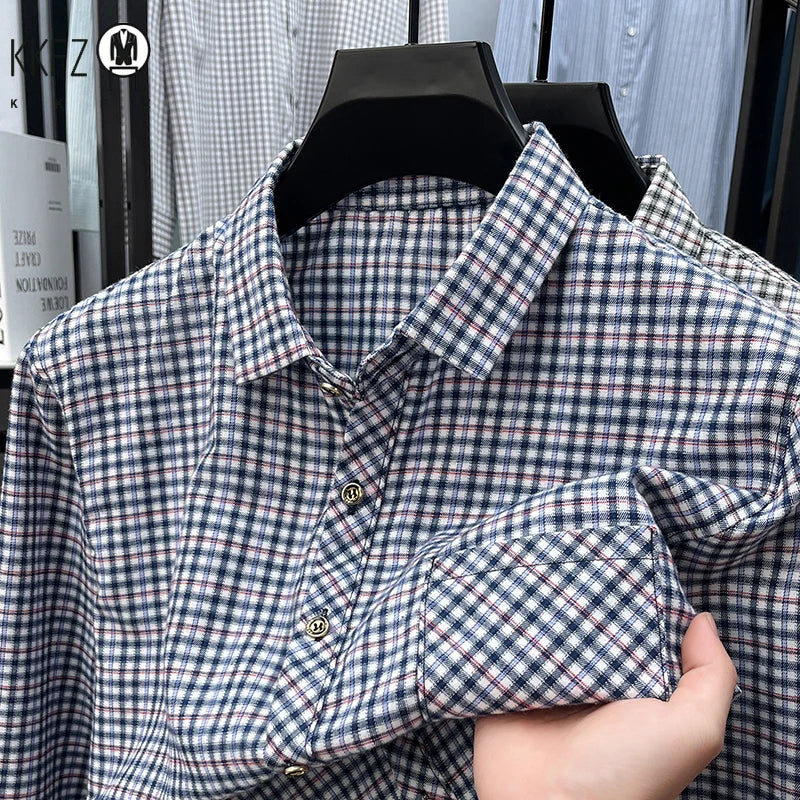 Men's Lapel Collar Plaid Shirt Long Sleeve Lightweight Fabric Breathable Casual Business Daily Wear Comfortable