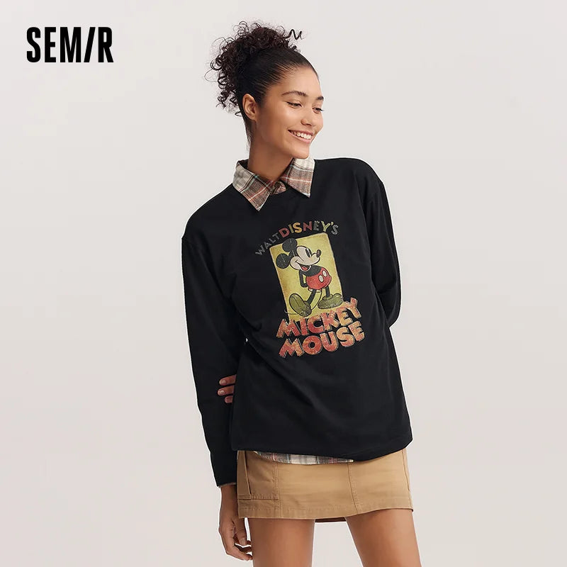 Semir Cotton Tshirt Printed Long Sleeve Women 2025 Spring Loose Fit Basic Daily Casual Fashion Comfortable Pullover Top