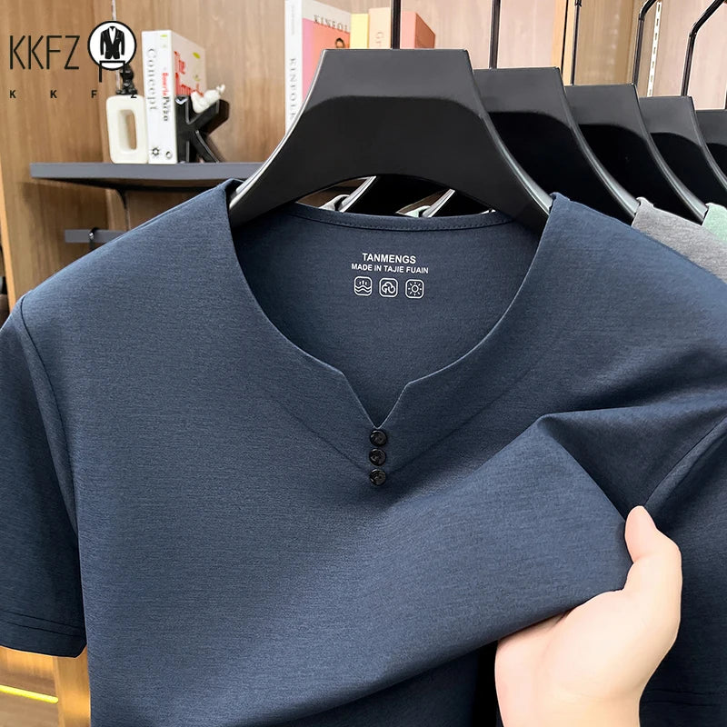 Mens Soft Breathable V Neck Tee With Henley Button Design Comfortable For All Seasons Daily And Casual Wear Activities