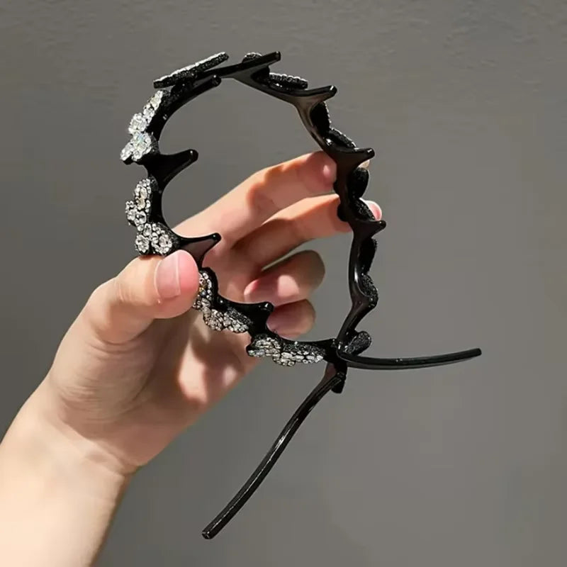 Rhinestone Butterfly Wavy Headband Fashion Sparkling Korean Style Anti-slip Toothed Headband Face Washing Hair Accessories Women