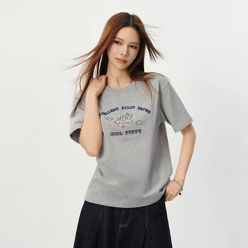 Semir Women Tshirt Cotton Funny Embroidered Casual Fashion Versatile Basic Top 2026 Summer Simple Daily Comfort Wear