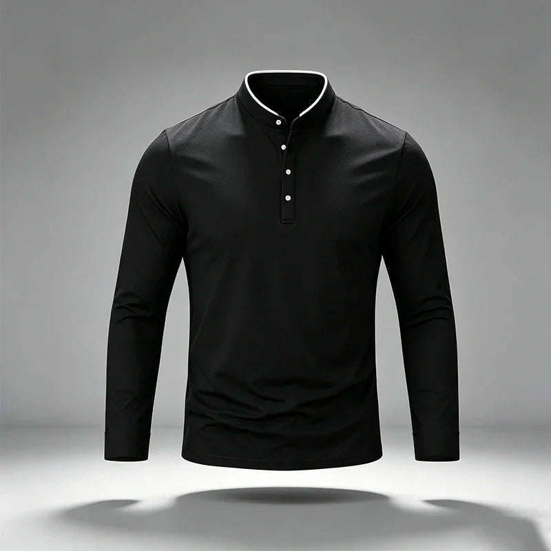 Slim Cut Stand Collar Long Sleeve Polo For Males Button Placket Neck Trim Detail Soft Fabric Business Streetwear Apparel