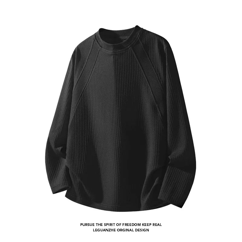 Mens Minimalist Crew Neck Sweater Long Sleeve Vertical Texture Knit Raglan Seam Soft Pullover For Daily Outfit