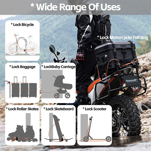 សោរខ្សែដែកការពារចោរកម្ម Rhinowalk លេខកូដ 3 ខ្ទង់ សោរសុវត្ថិភាពម៉ូតូ សោរខ្សែដែកការពារចោរកម្ម គ្រឿងបន្លាស់ម៉ូតូ រដូវក្តៅ