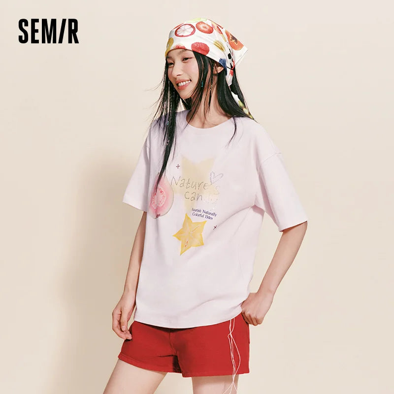 Semir Women Tshirt Cotton Hot Drilled Fruit Pattern Midi Length Loose Pullover Lazy Sweet 2026 Summer Casual Top