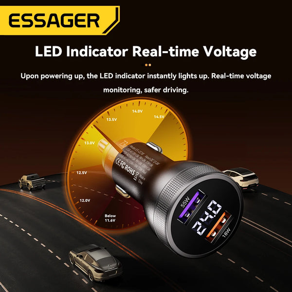 ឆ្នាំងសាករថយន្ត Essager 73W USB C Quick Charge 4.0 PD3.0 អាដាប់ទ័រសាកថ្មលឿនសម្រាប់ iPhone16 15 MacBook Xiaomi Laptop អេក្រង់ឌីជីថល