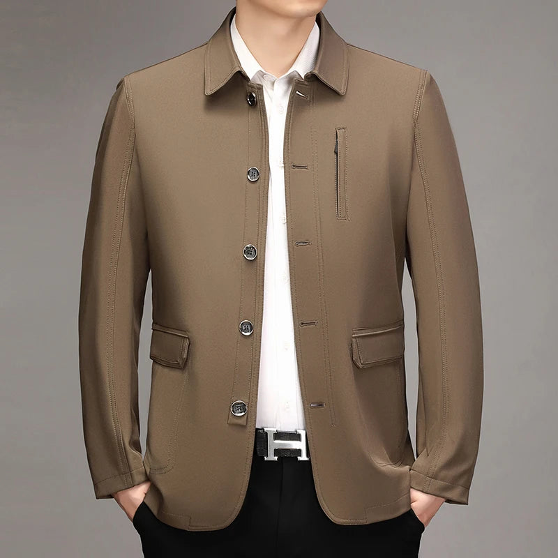 2026 New Men's Red Long-sleeve Collared Jacket, Black Single-breasted Casual Coat, Navy and Khaki Tops.