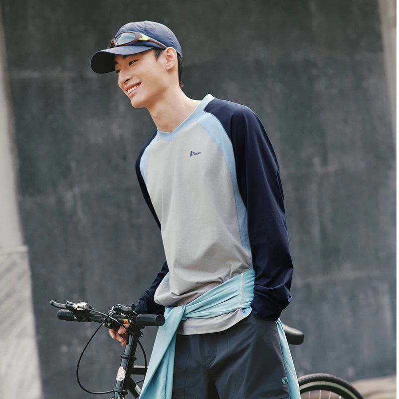 Semir Men Tshirt 2026 Spring Color Block Patchwork Quick Dry Loose V Neck Letter Couple Long Sleeve Casual Tops