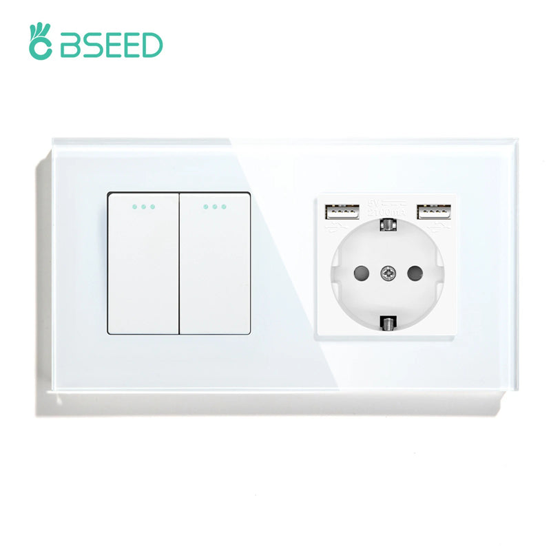 BSEED EU Standard Wall Button Switch 1/2/3Gang 1Way Wall Power Socket Glass Frame Mechanical Switches Home Improvement