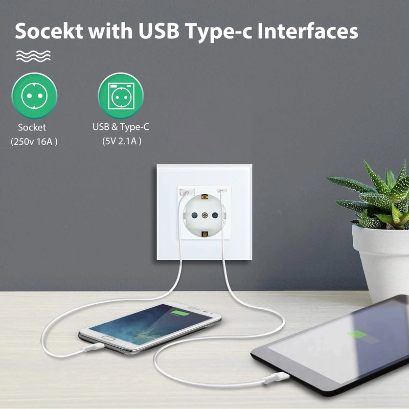 BSEED Single Power Outlet EU Wall Plugs Double Sockets USB Type-C Phone Charge Glass Panel 1Way Wall Touch Switch Kid Protection
