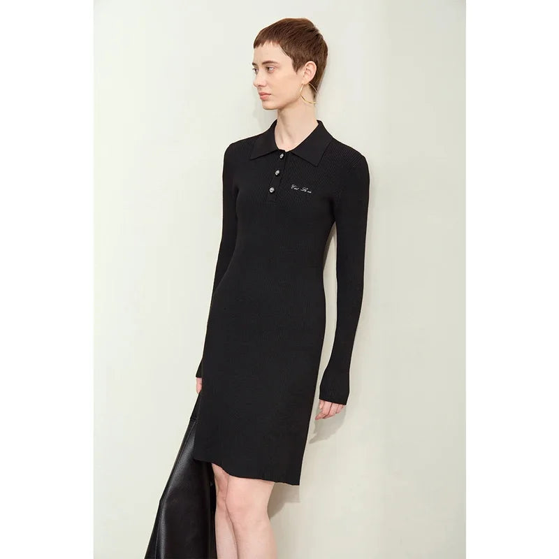 Amii Minimalism Dresses For Women 2026 Autumn New Office Lady Lapel Letter Embroidery Slim Casual Solid Midi Knit Dress 12413014