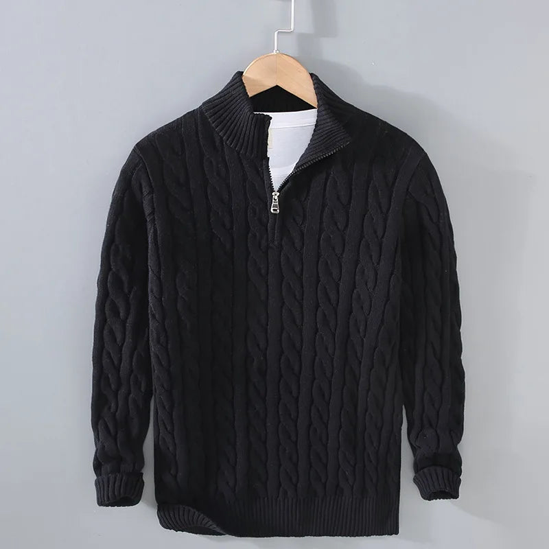 Men's Cable Knit Half Zip Sweater Fall Winter Warm High Neck Pullover 100% Cotton Stretch Knitwear