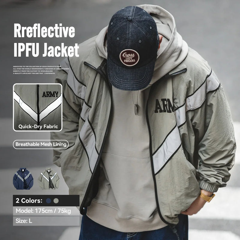 Maden Bomber Jackets For Men Vintage Training Coat Vibe Wind Reflective Hooded Quick-drying Jacket Male Blue