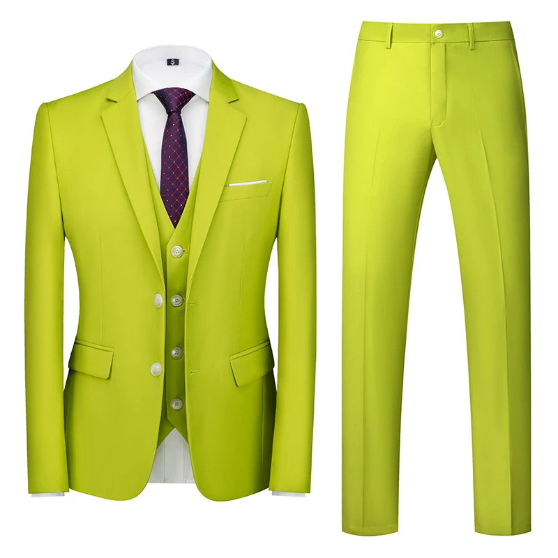 2026 Men's Grass Green Suit Three-Piece, Wedding,Party,Business,Interview Menswear,Red,Black,Blue,Purple,Yellow Asian Size Sets