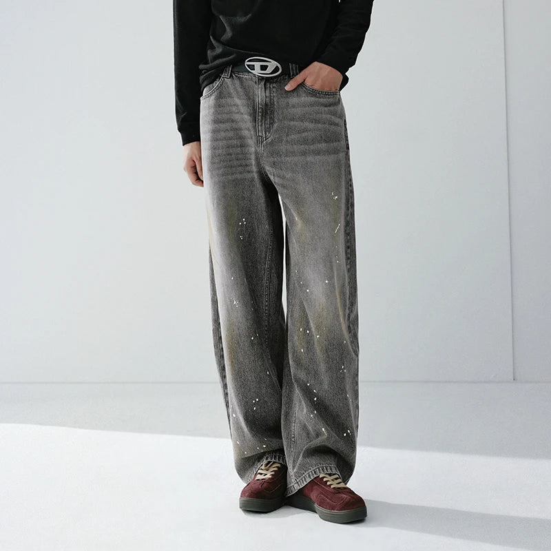 Semir Men Jeans 2026 Spring New Vintage Washed Distressed Wide Leg Arc Shape Splash Ink Retro Style Pants
