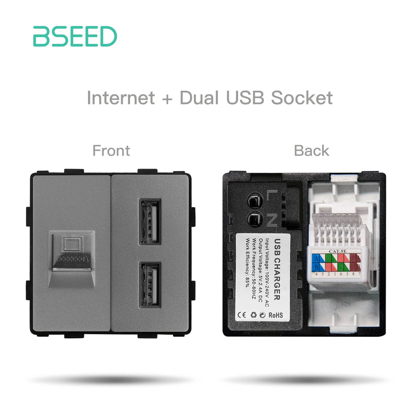 BSEED Wall Switch Panel Part Dual USB Socket TV Internet RJ45 Satellite Function Parts EU Socket DIY Part Only Free Combination
