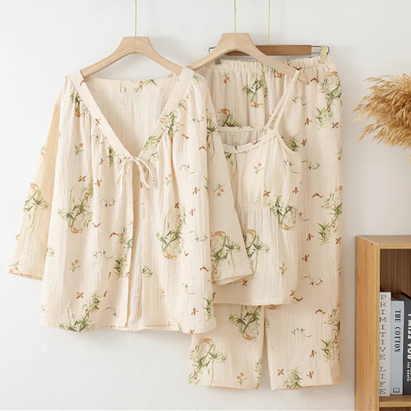 ឈុតផ្កាបីដុំ Pijama Mujer ថ្មីកប្បាសនិទាឃរដូវរដូវស្លឹកឈើជ្រុះ Pajamas ឈុត 3/4 ដៃអាវគេងសម្រាប់ស្ត្រី ឈុតគេងនៅផ្ទះ Pajama Femme