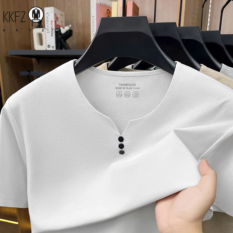 Mens Soft Breathable V Neck Tee With Henley Button Design Comfortable For All Seasons Daily And Casual Wear Activities