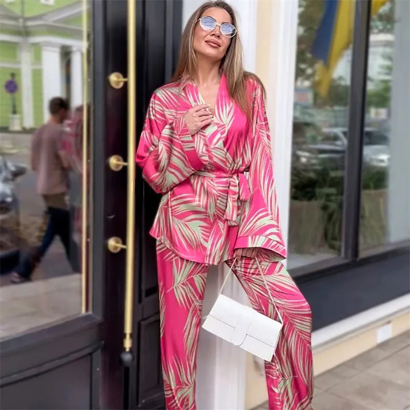 Fashion New Printing Women's Pajamas Set Silk Satin Sleepwear Female Long Sleeve Home Clothes Versatile Casual Pijama Mujer