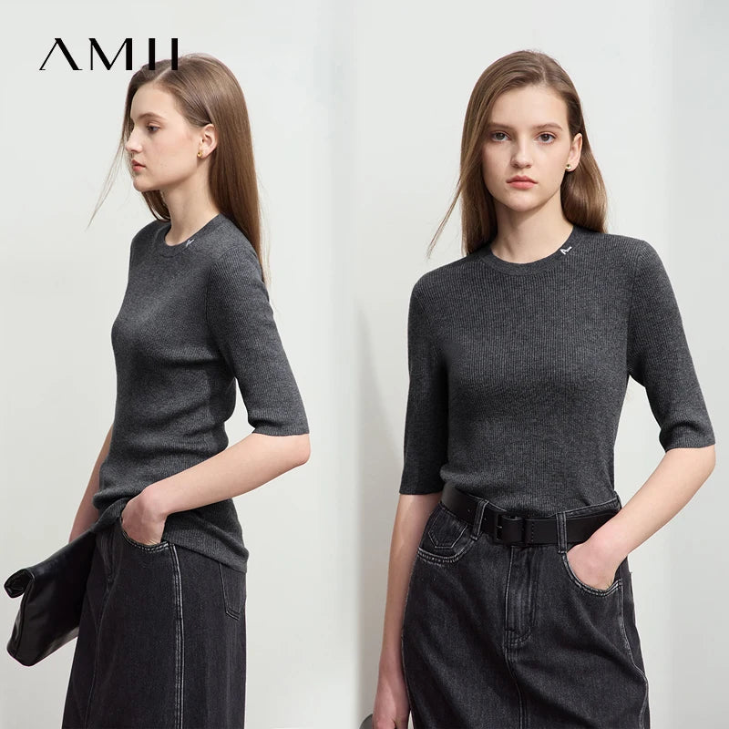 អាវយឺតប៉ាក់ Amii Minimalism សម្រាប់ស្ត្រី 2026 រដូវស្លឹកឈើជ្រុះ ដៃមធ្យម ក រាងអក្សរ O អាវផាយដែលអាចបត់បែនបាន អាវប៉ាក់ស្លីម 12541082