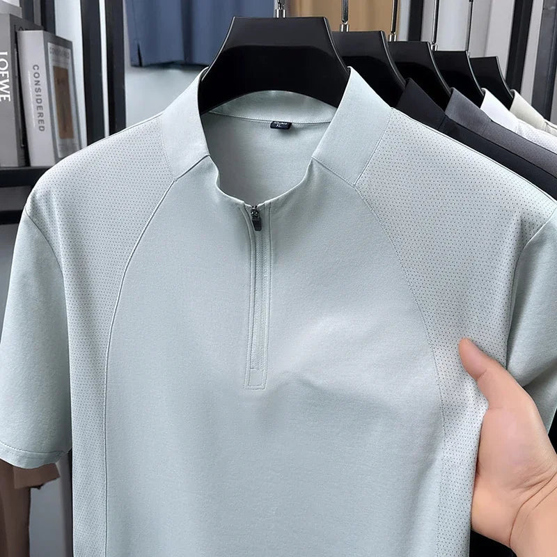 Mens Comfortable Quarter Zip Polo Shirt Short Sleeve Stand Collar Soft Touch Daily Wear Top