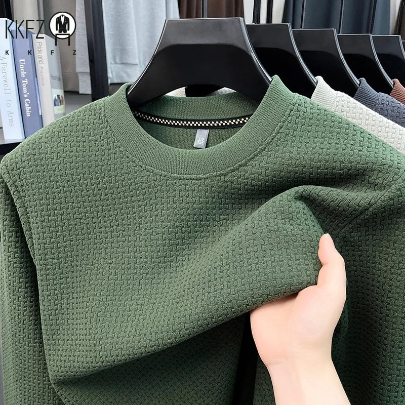 Mens Casual Stretch Long Sleeve Pullover Top Crew Neck Waffle Knit Texture Shirt Breathable Fabric Daily Wear