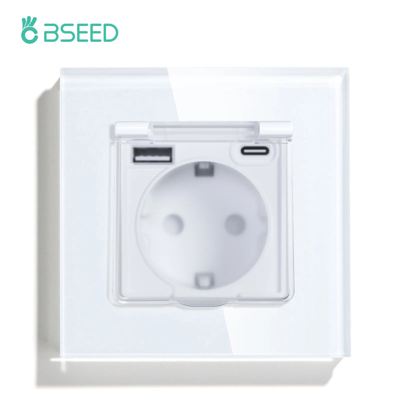 BSEED Touch Light Switch 1/2/3Gang 1Way EU Socket With Cover Glass Panel 300W Power Led Switches Waterproof USB Type-C Socket