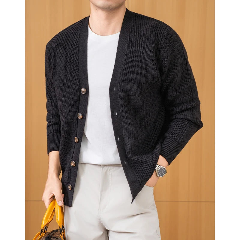 100% Wool Chunky Knit Cardigan, Oversized V-Neck Open Front, Anti-Pilling Relaxed Fit, Autumn Winter Casual Coat