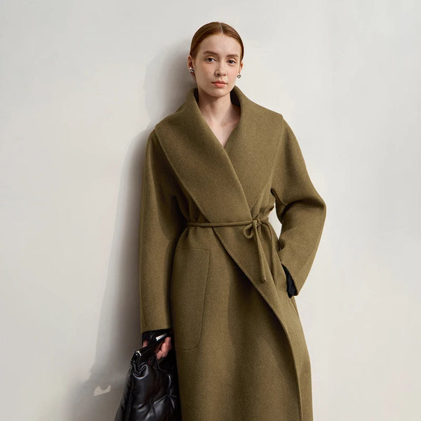 AMII Wool Coat Women 2026 Winter New Cashmere Double-sided Women's Jacket With Belt Lapel Solid Color Loose Long Coat 12544098