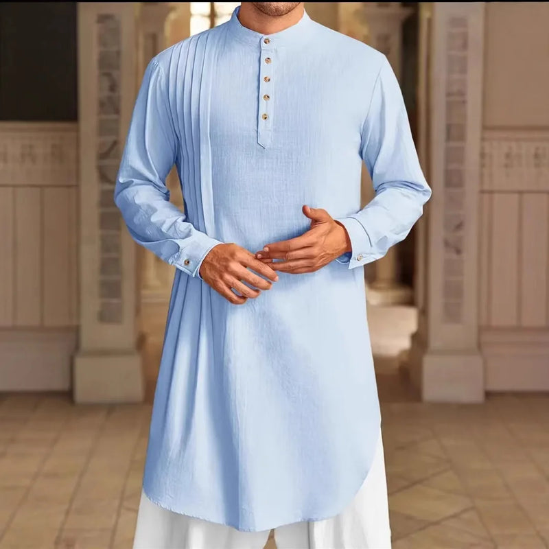 2026 Summer New Style Men's Long Cotton Shirt, Middle Eastern Arab Muslim Robe, Available in White, Black, Blue and Green.