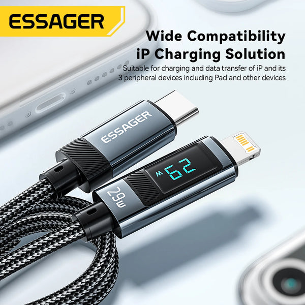 ខ្សែសាក Essager USB Type C សម្រាប់ iPhone14 13 12 Pro Max PD 29W សាកលឿនសម្រាប់ iPad ខ្សែសាកខ្សែបង្ហាញឌីជីថល