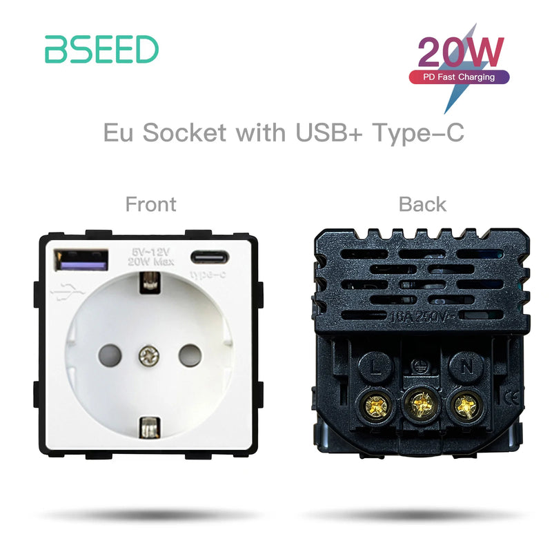 BSEED Wall Power Outlets Plastic Panel Parts White USB CAT5 Internet TV ST Function With Wall Socket EU Standard DIY Combination